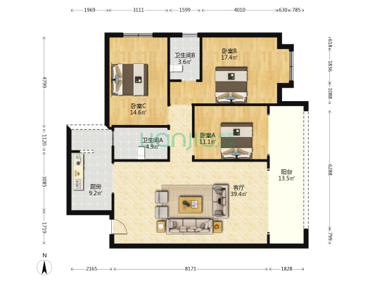 江岸美城北苑 3室1厅2卫 130平方