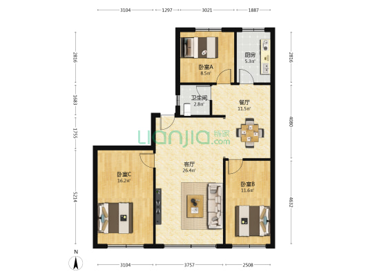 静园路 3室2厅1卫 105平方