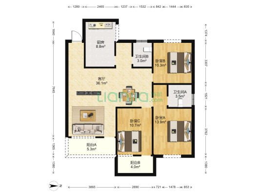 东升贸易广场 3室1厅2卫 117平方