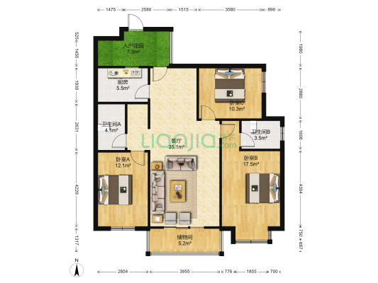 静波宁武苑 3室1厅2卫 125平方