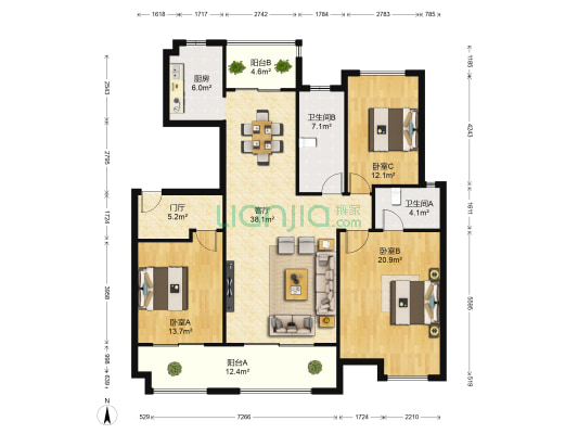 绿地悦城D区 3室1厅2卫 142平方