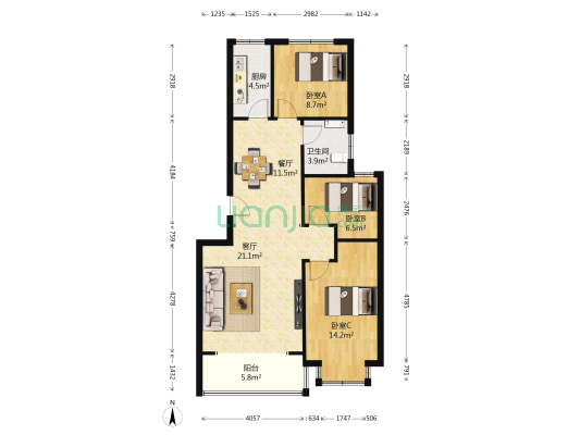 亨泰花园 3室2厅1卫 100平方