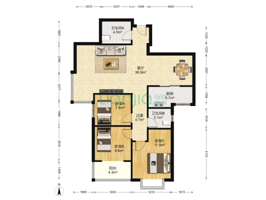 鼎正庆化苑 3室1厅2卫 116平方