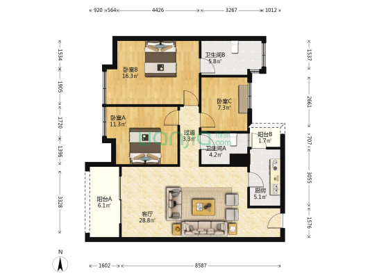 中铁卓越城一期 3室1厅2卫 111平方