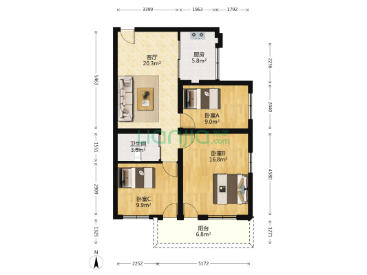 罗滨小区A组团 3室1厅1卫 85平方
