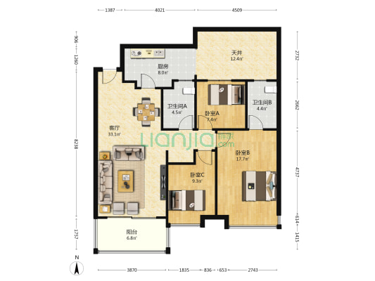 恒大养生谷二期 3室1厅2卫 119平方