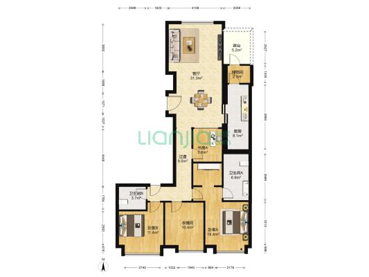 通州富力中心A 3室1厅2卫 171平方