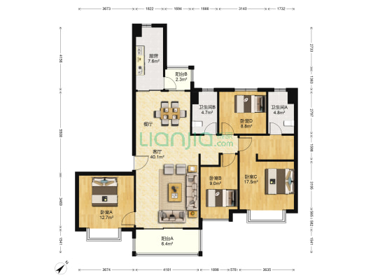 恒大中央广场 4室1厅2卫 155平方