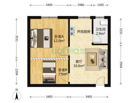 光荣市场公寓 2室1厅1卫 53平方