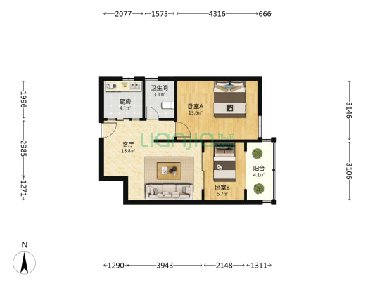 机施公寓 2室1厅1卫 70平方