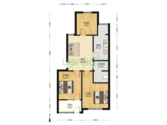 安农大五宿舍 3室1厅1卫 76平方