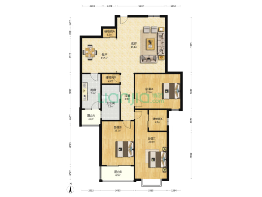 和谐家园(蜀山) 3室2厅1卫 166平方