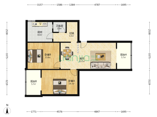 鼓楼南街100号 2室1厅1卫 86平方