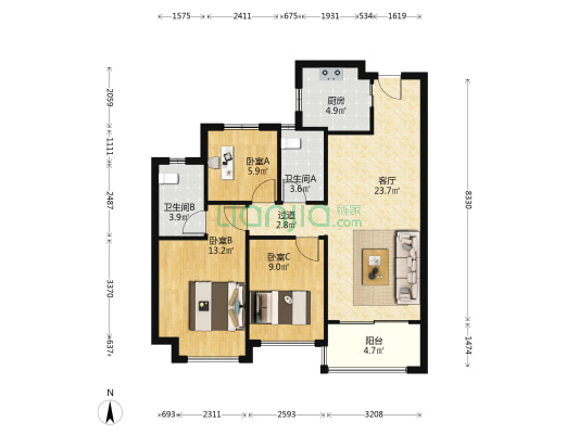 绿景喜悦花园 3室1厅2卫 97平方