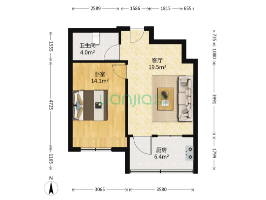 金筑家园 1室1厅1卫 54平方