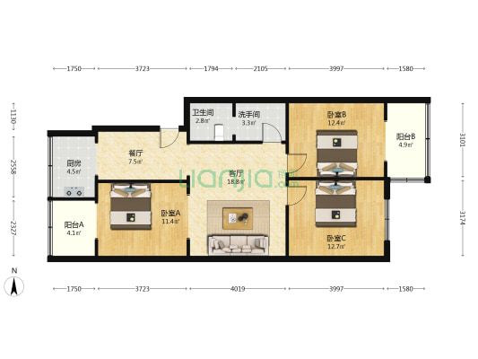 煤管局宿舍 3室2厅2卫 94平方