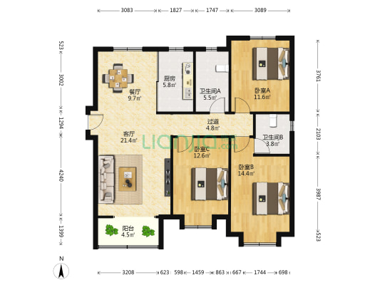 远洋福美瑾园 3室2厅2卫 126平方