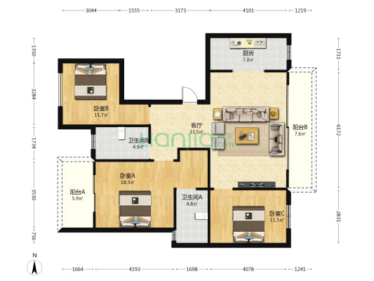 滨江花园 3室1厅2卫 131平方