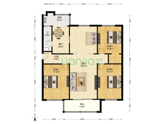 慧园街 3室2厅1卫 128平方