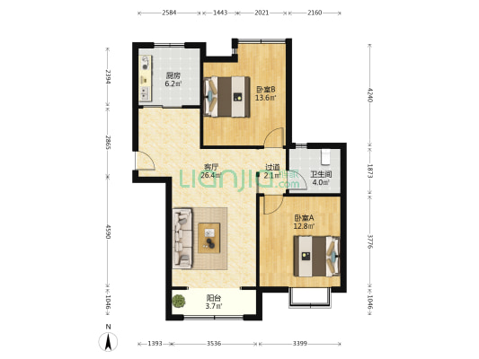 坤元里岸 2室1厅1卫 94平方