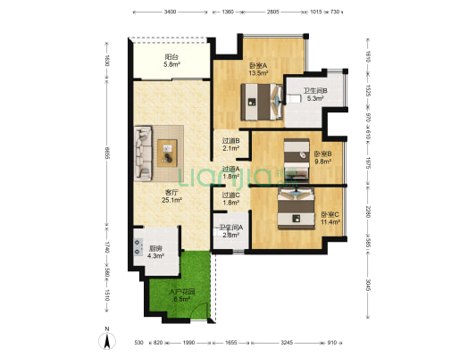 锦绣国际花城3期3区花和苑 3室1厅2卫 102平方