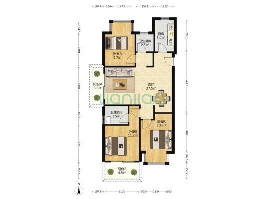 光明城市 3室1厅2卫 104平方