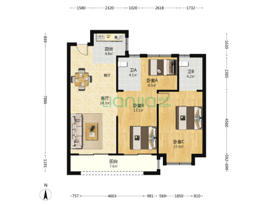 乐业大厦 3室1厅2卫 102平方