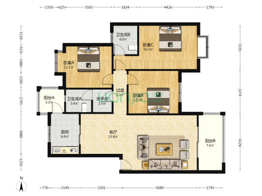 桂香苑 3室1厅3卫 122平方
