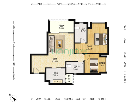 万科金开悦府林悦 2室1厅2卫 82平方