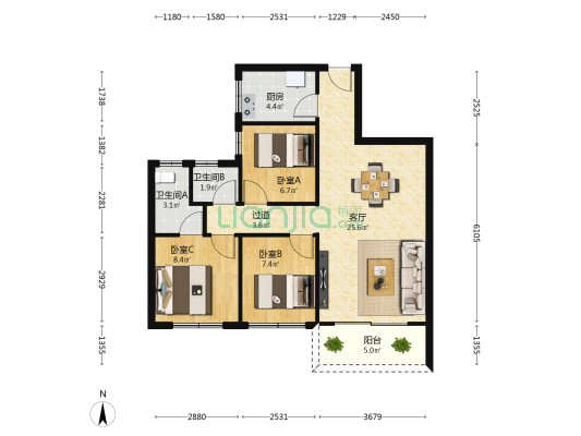 光明城市安和苑 3室1厅2卫 90平方