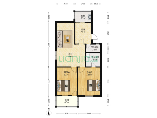 商检局宿舍 2室1厅2卫 81平方
