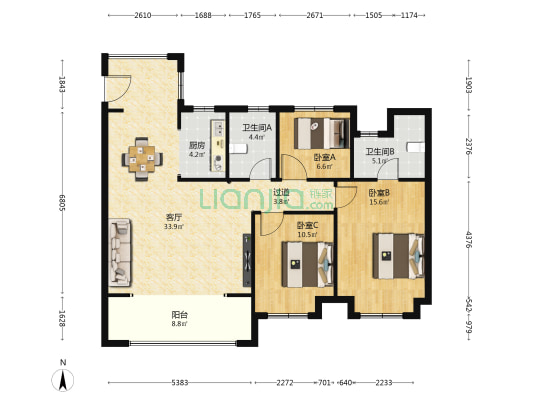 红豆云景 3室1厅2卫 125平方