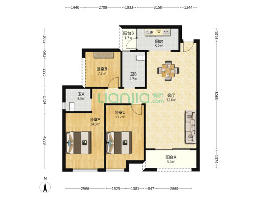 黎明嘉园 3室1厅2卫 111平方