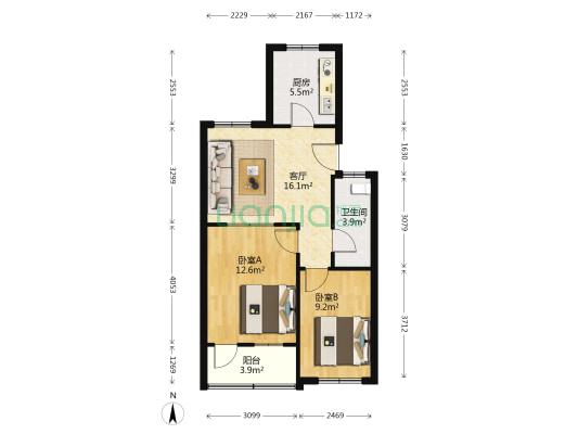 山东农业大学东校区教工宿舍 2室1厅1卫 68平方