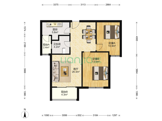 虞河生活城 2室1厅1卫 93平方
