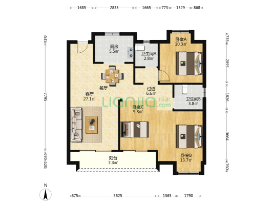 中国铁建江语城 3室1厅2卫 119平方