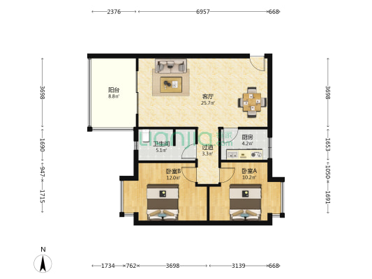 北庭阳光 2室1厅1卫 82平方
