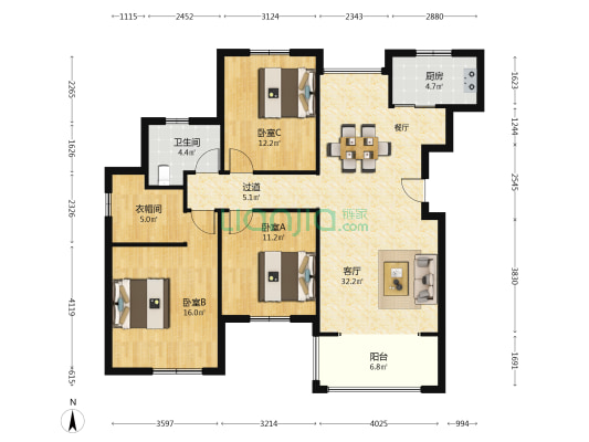 桑海区东方香颂 3室1厅1卫 118平方