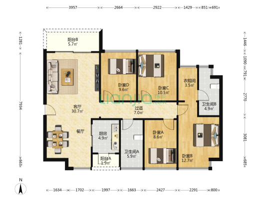 富士君悦府 4室1厅2卫 125平方