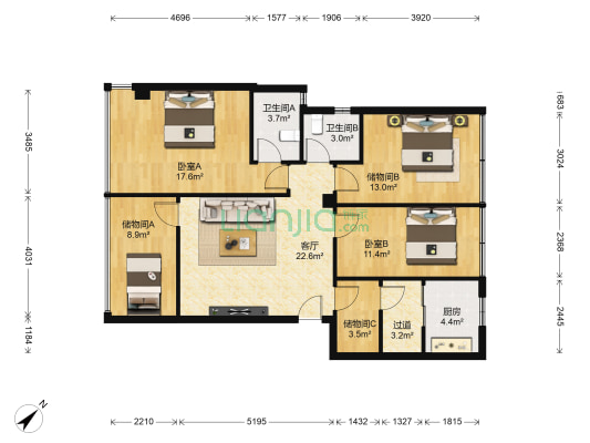 凤凰城 2室1厅2卫 89平方