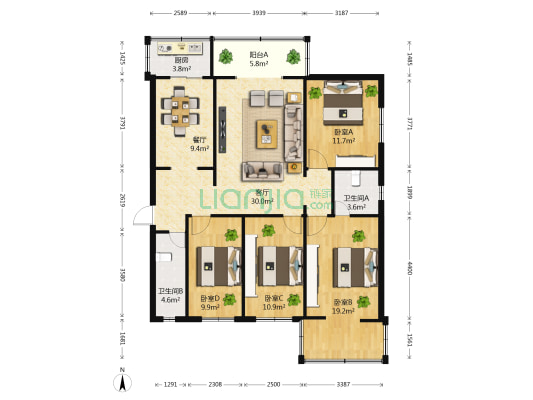 文化苑 4室2厅2卫 129平方