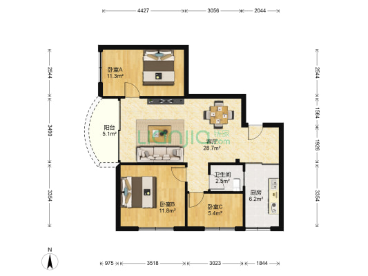 侨宫苑 3室1厅1卫 77平方