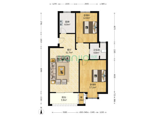 梦溪东明山居 2室1厅1卫 89平方