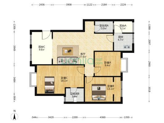 长寿新居 3室1厅2卫 106平方