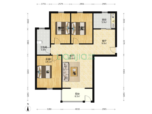 巴黎左岸 3室2厅1卫 114平方