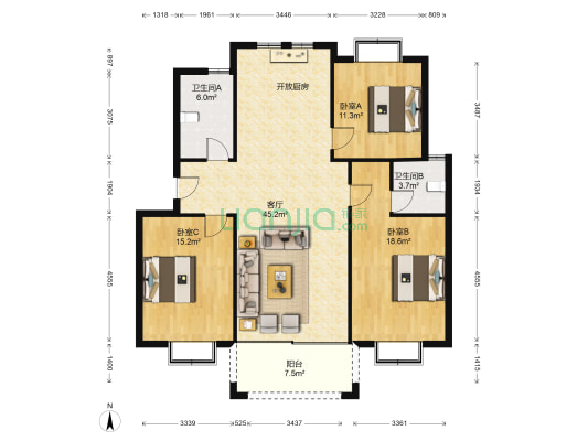 禾源新都北区 3室1厅2卫 122平方