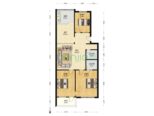 电力公寓 3室2厅2卫 117平方