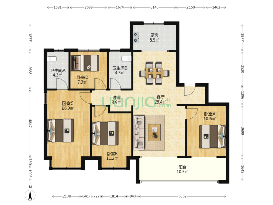 海尔产城创铂悦澜庭 4室1厅2卫 140平方