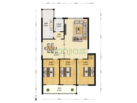 建行3号院 3室2厅1卫 117平方