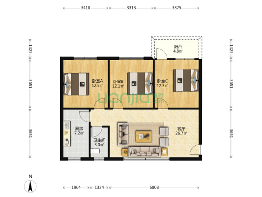 篦子园小区北区 3室1厅1卫 92平方